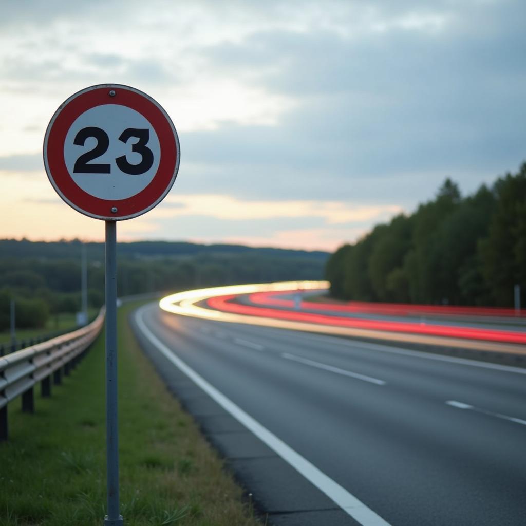 Schild mit Geschwindigkeitsbegrenzung auf der Autobahn