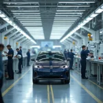 VW Gläserne Manufaktur Dresden: Blick auf die Produktionslinie des ID.3