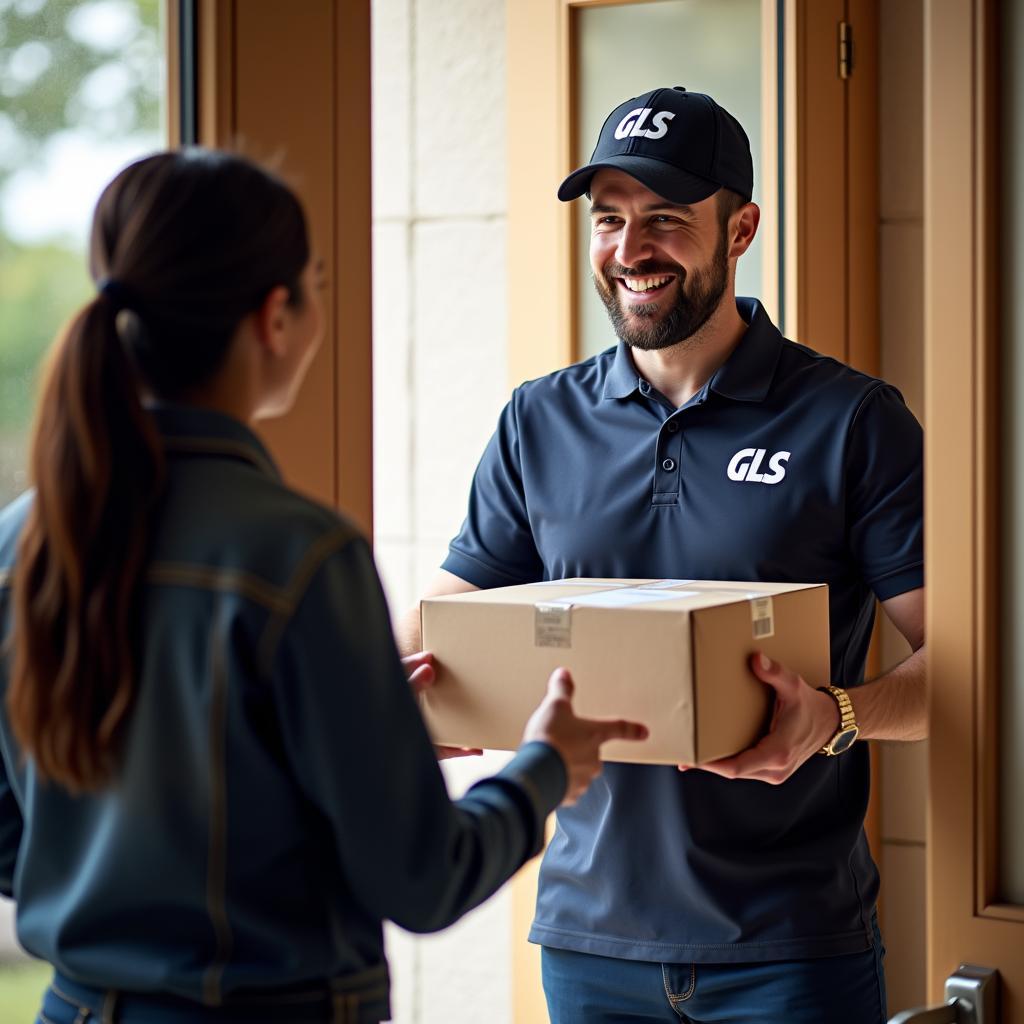 Pünktliche Lieferung mit GLS: Ein Paket wird an der Haustür übergeben.