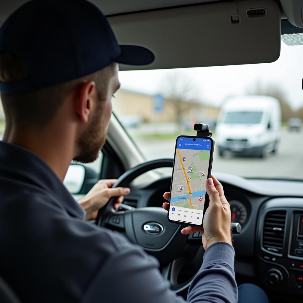 Ein Automechaniker navigiert mit Google Maps zu einem Lieferanten von Autoteilen.