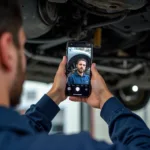 Handy als Spiegel bei der Kfz-Reparatur