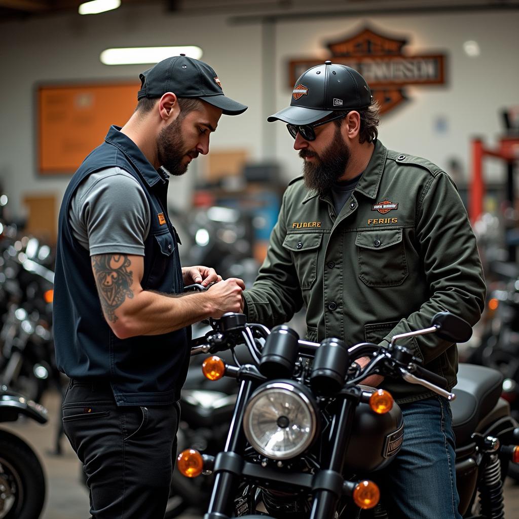 Harley Fahrer Outfit in der Werkstatt