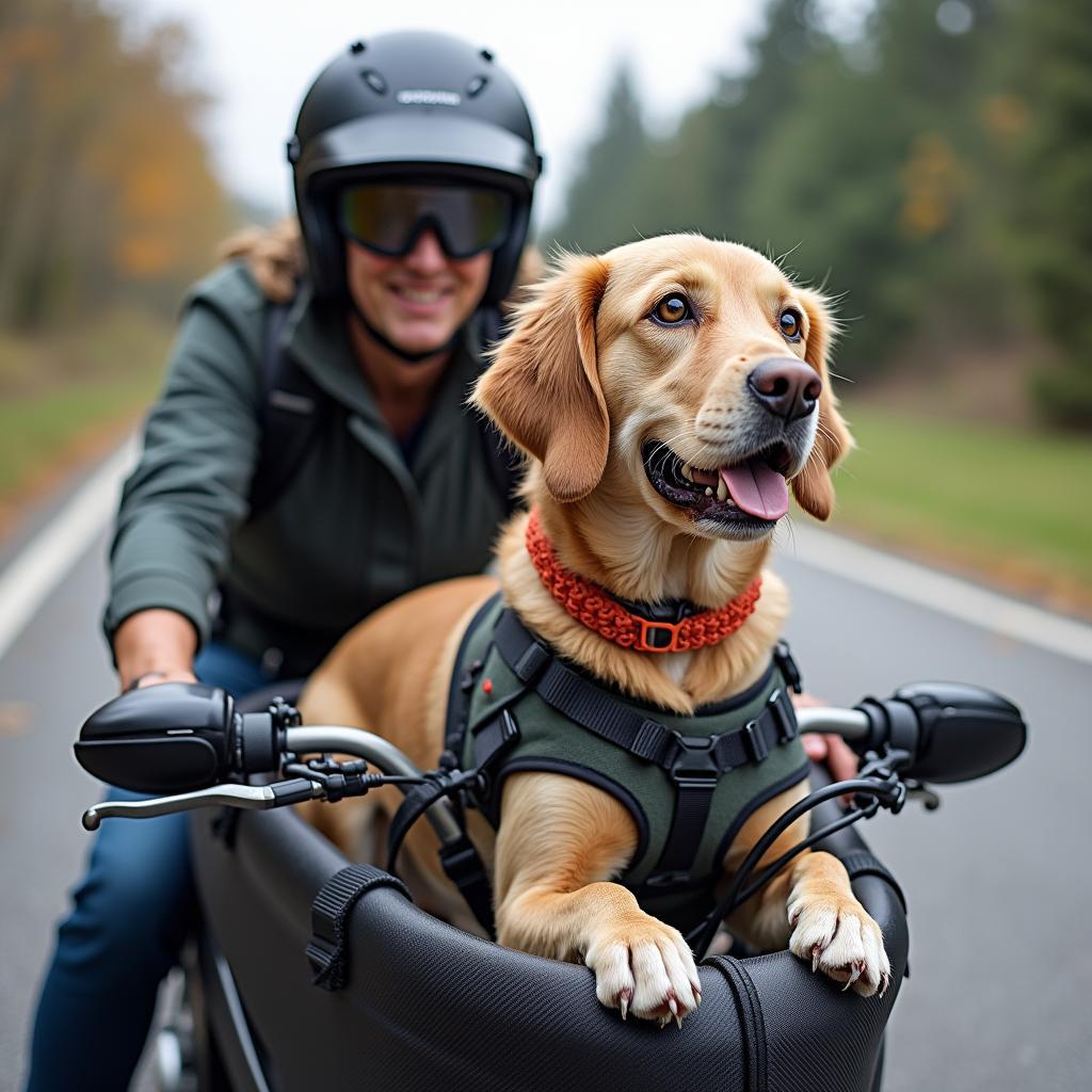 Cão com cinto de segurança no sidecar