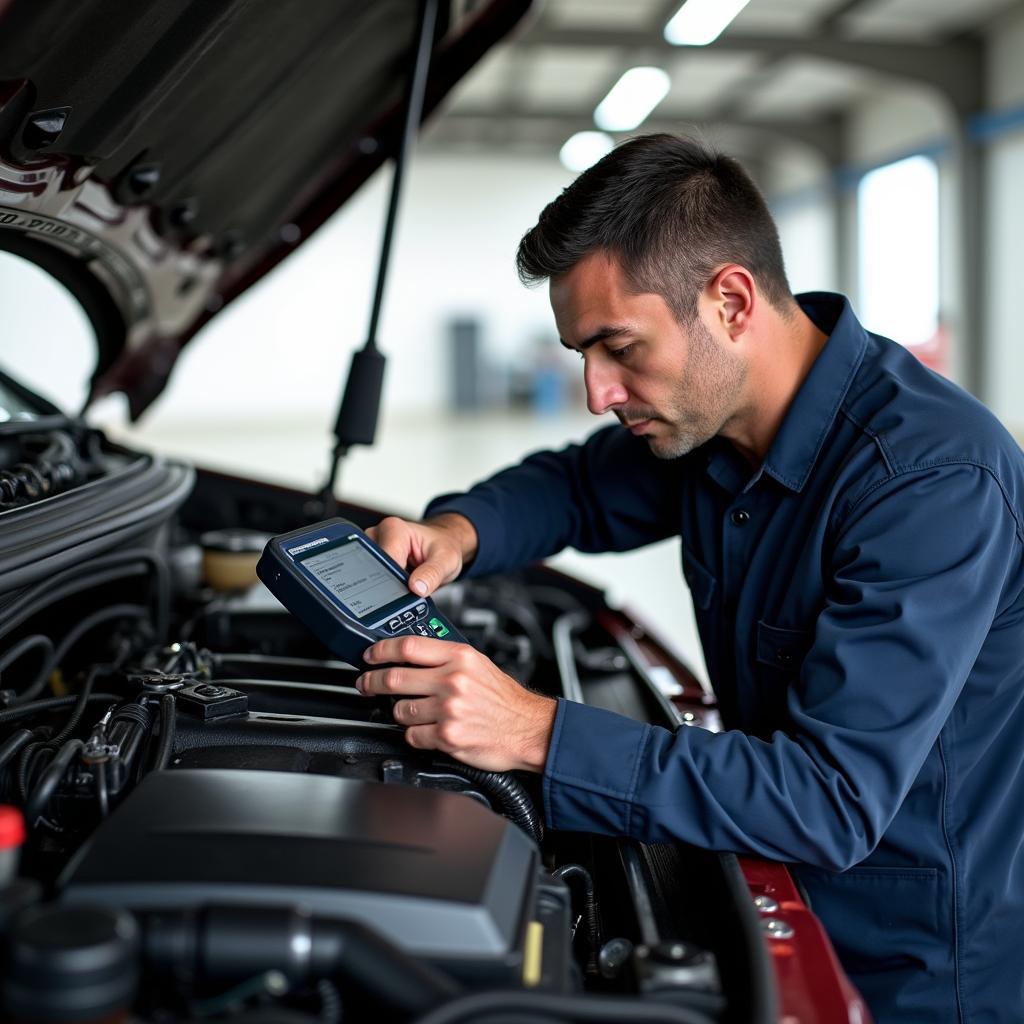 Hyundai H1 Bus Diagnose: Ein Mechaniker untersucht den Motorraum eines Hyundai H1 Busses.