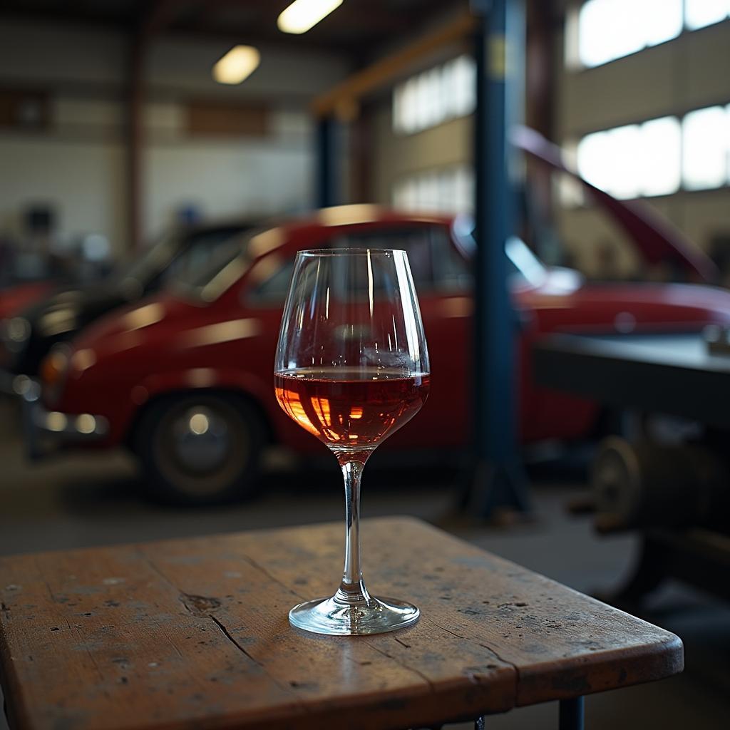 Ein Glas italienischen Weins in einer Autowerkstatt