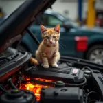 Eine Katze sitzt unruhig auf einem heißen Motorblock in einer Autowerkstatt.