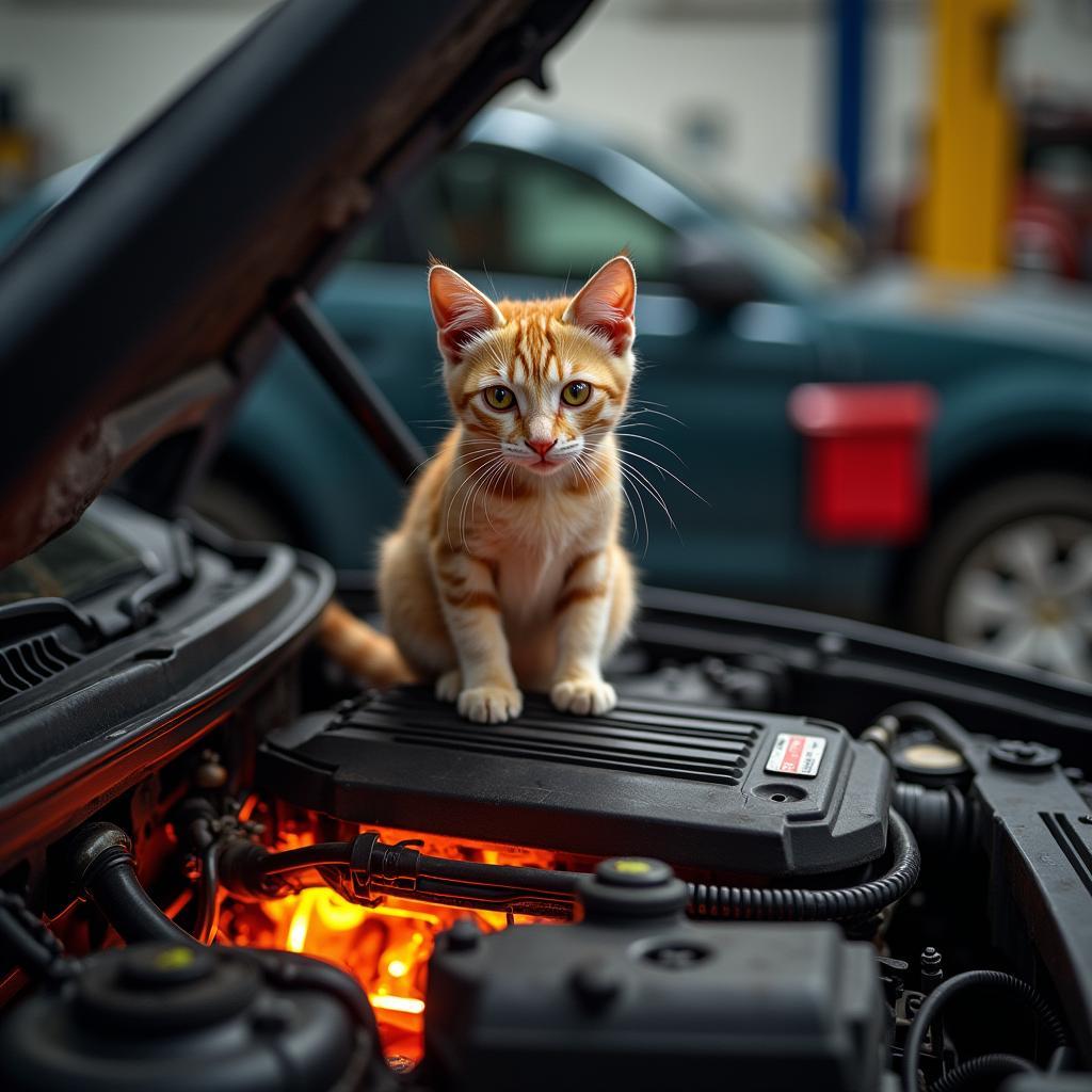 Eine Katze sitzt unruhig auf einem heißen Motorblock in einer Autowerkstatt.