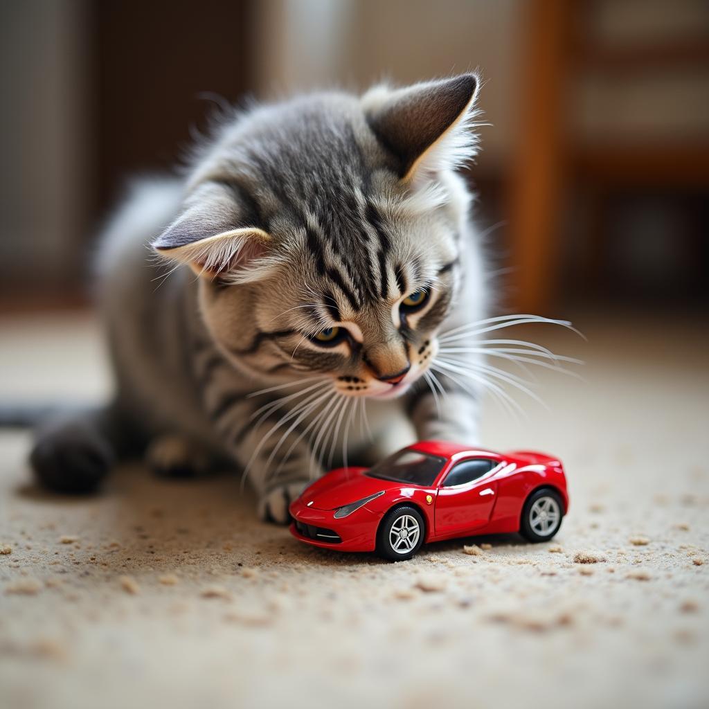 Katze spielt mit einem Spielzeugauto