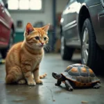 Katze und Schildkröte in der Autowerkstatt: Symbole für Reparaturprobleme