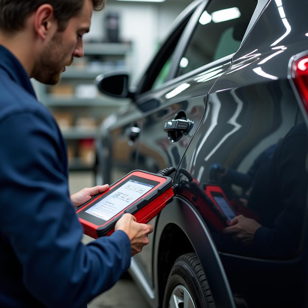 Kfz-Diagnosegerät in Münster Hiltrup Werkstatt: Ein Mechaniker verwendet ein Diagnosegerät an einem Auto.