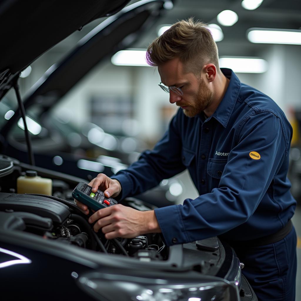 Kfz-Mechaniker arbeitet am Auto mit Diagnosegerät