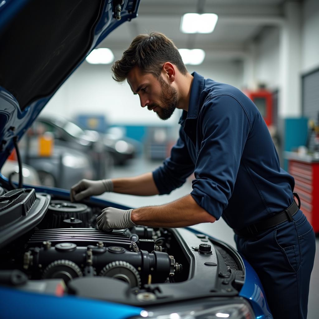 Kfz-Mechaniker bei der Auto Reparatur in der Werkstatt