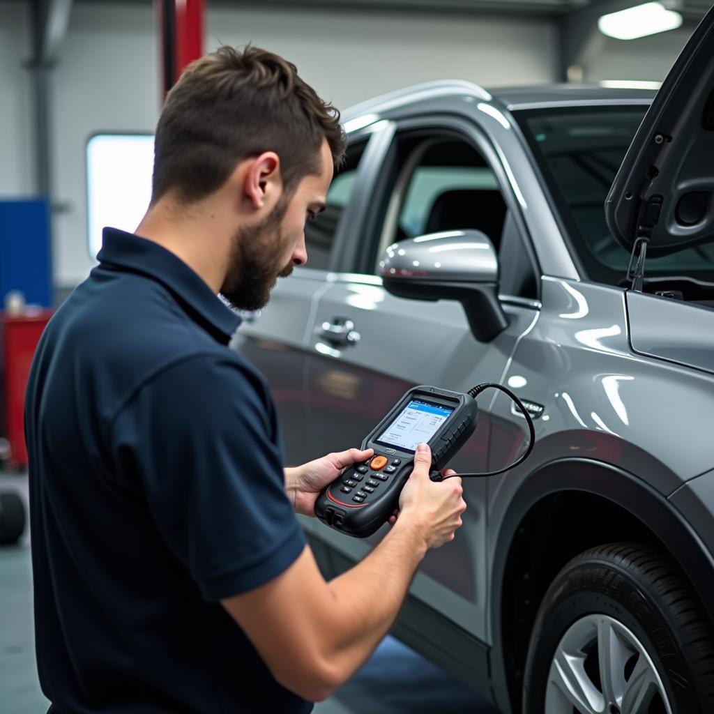 Ein Kfz-Mechaniker verwendet ein Diagnosegerät in einer Werkstatt