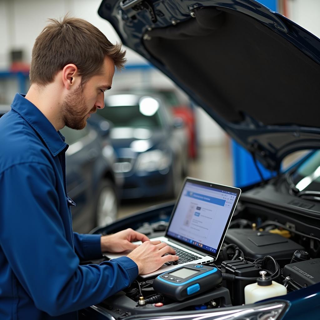 Kfz-Mechaniker mit Laptop und Diagnosegerät