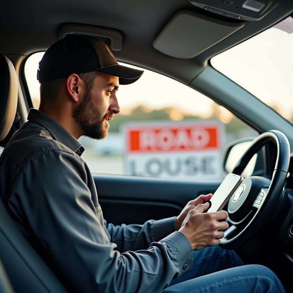 Kfz-Mechaniker plant Route auf dem Smartphone aufgrund einer Straßensperrung