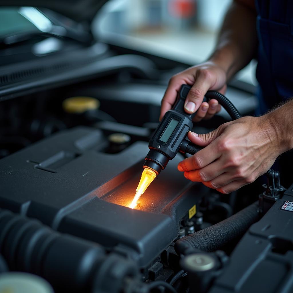 Kfz-Mechaniker nutzt Optik Brenner zur Fehlerdiagnose