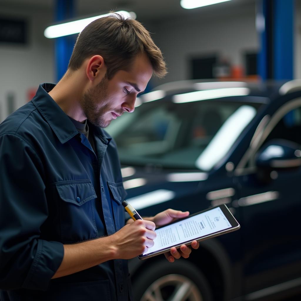 Kfz-Mechaniker überprüft die Reparaturdokumentation