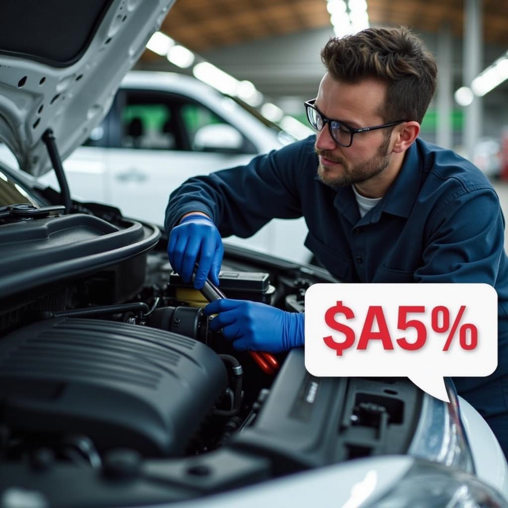 Auto mechanic performing a repair with coupon savings