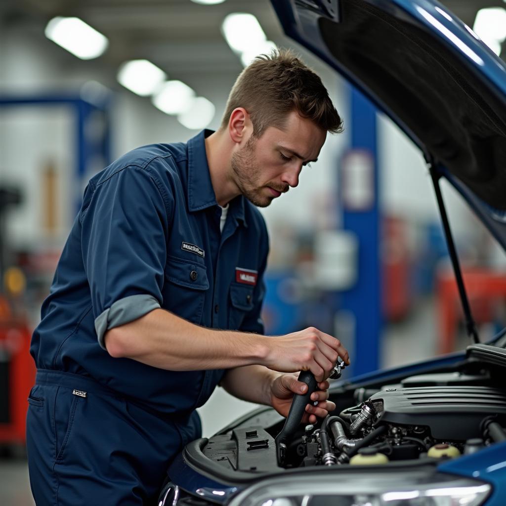 Automonteur repareert een auto in de werkplaats