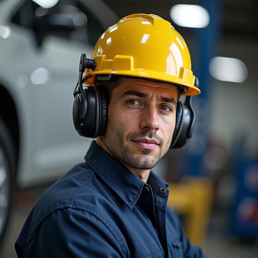 Kfz-Mechaniker Schutzhelm in der Werkstatt