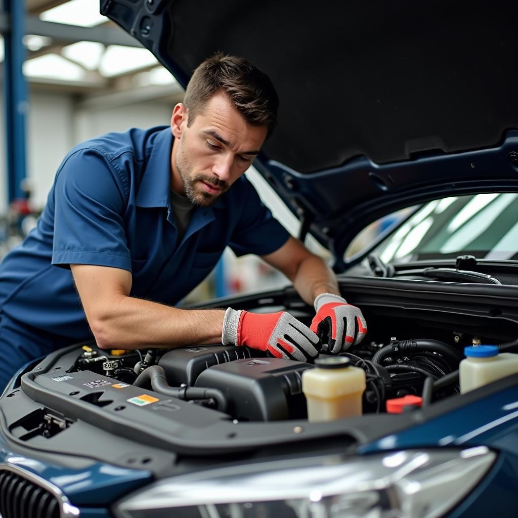 Kfz-Mechatroniker arbeitet am Motor