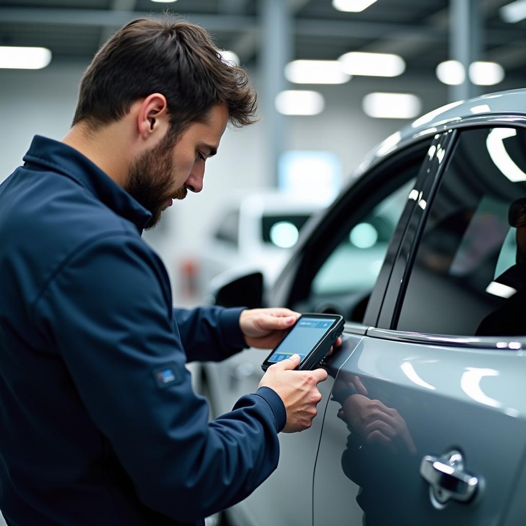 Kfz-Mechatroniker diagnostiziert ein Elektroauto mit einem Diagnosegerät.