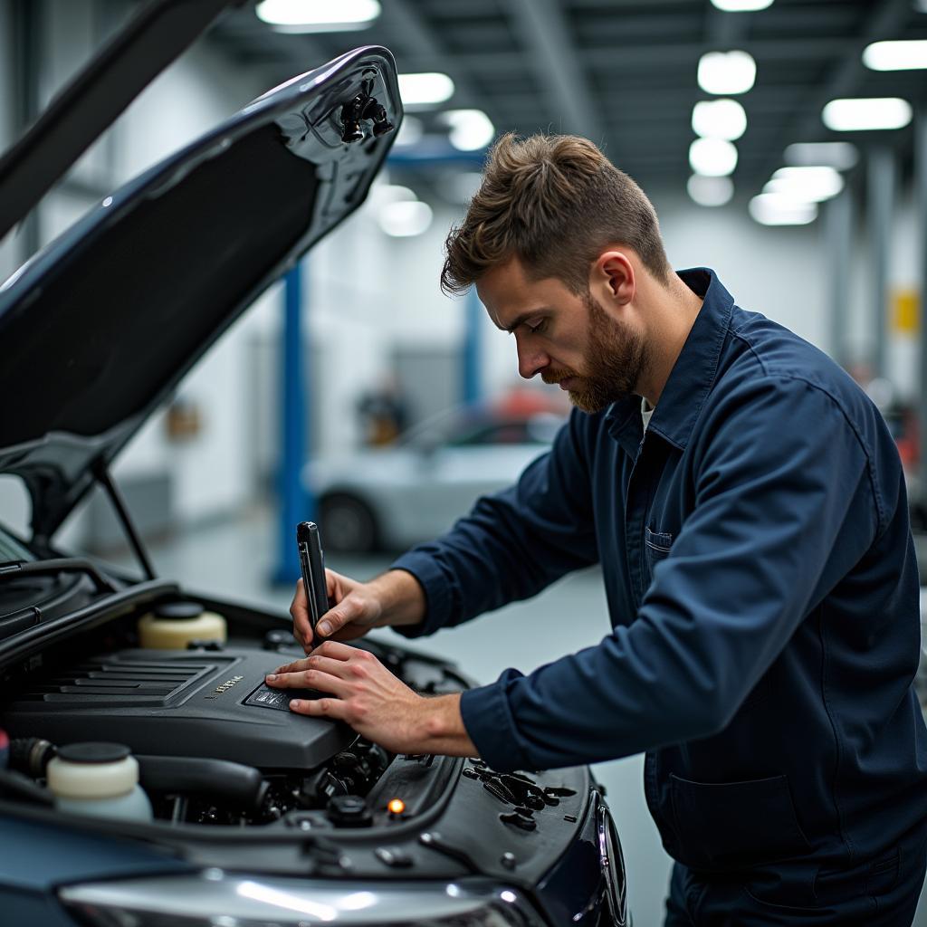 KFZ-Meisterbetrieb Werkstatt Reparatur: Ein Mechaniker arbeitet an einem Motor in einer modernen Werkstatt.