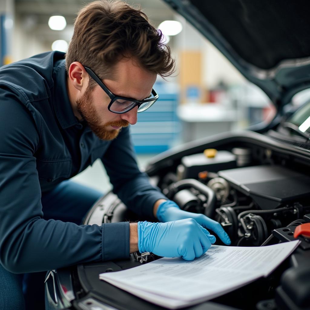 Mecânico utilizando equipamentos de segurança durante um reparo automotivo