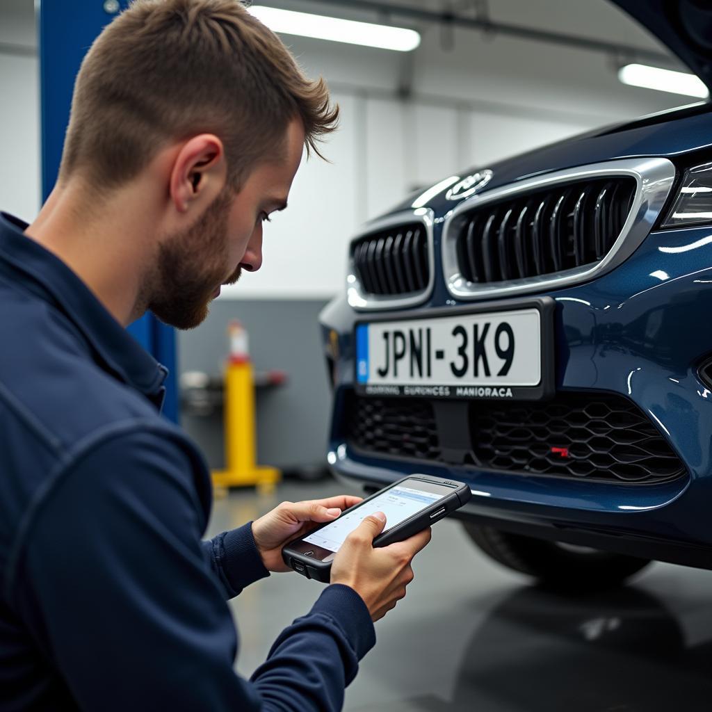 Ein Kfz-Techniker arbeitet an einem Auto mit Wunschkennzeichen