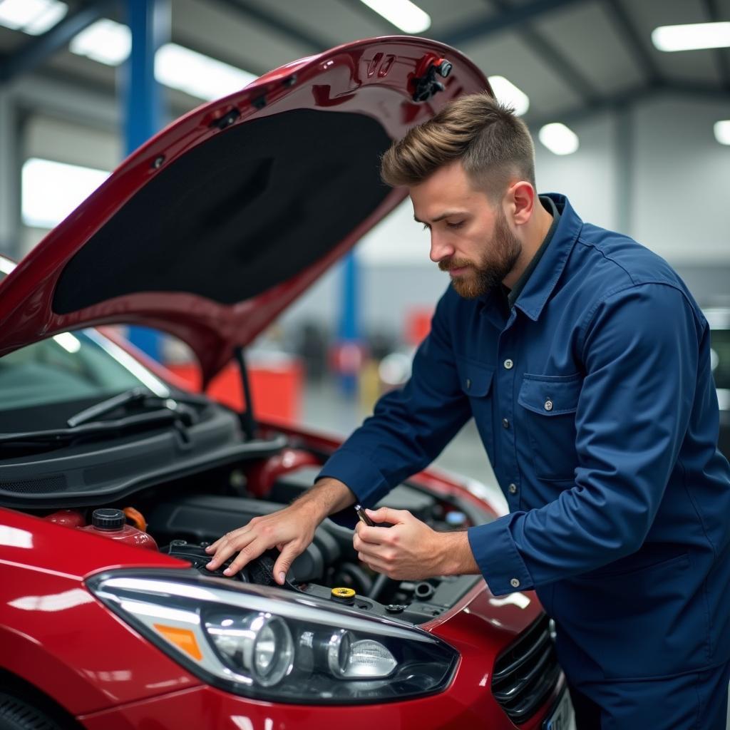 Kfz-Techniker repariert ein Auto in der Werkstatt