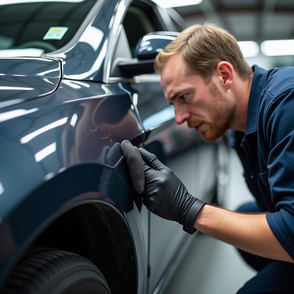 Kleine Macken am Auto Reparatur: Ein Mechaniker untersucht einen Kratzer am Lack eines Autos.