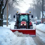 Kommunal Traktor räumt Schnee von einer Straße im Winterdienst.