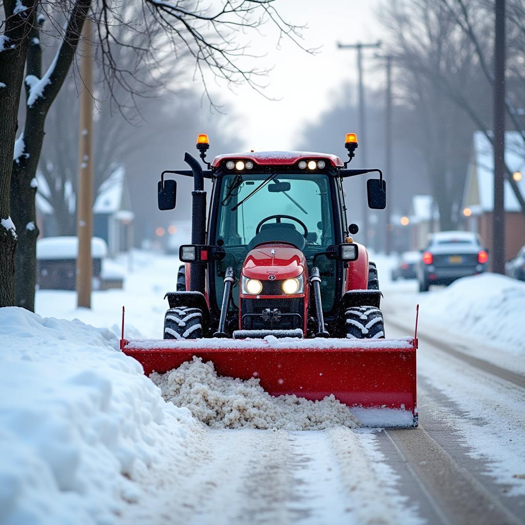 Kommunal Traktor räumt Schnee von einer Straße im Winterdienst.