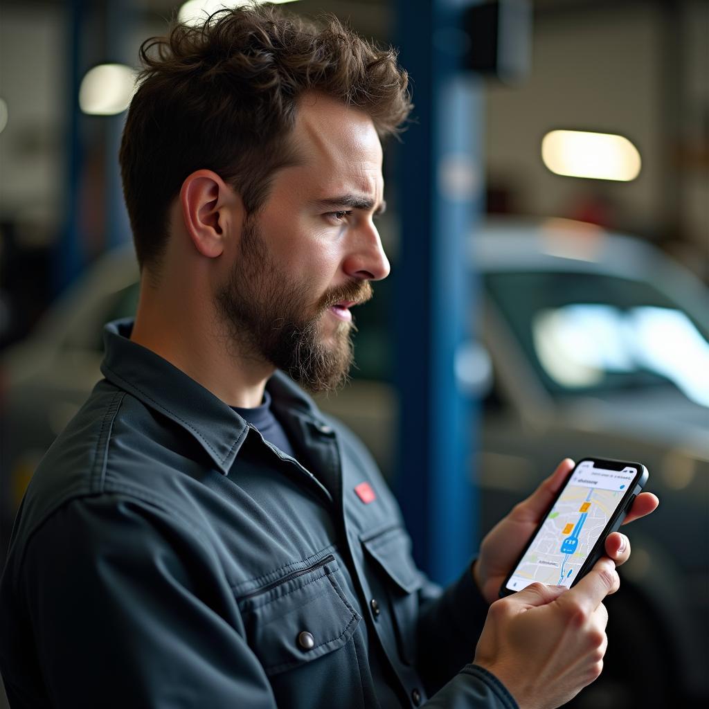 Automechaniker nutzt Google Maps auf seinem Smartphone, um die kürzeste Route zu einem Kunden mit Autopanne zu finden.