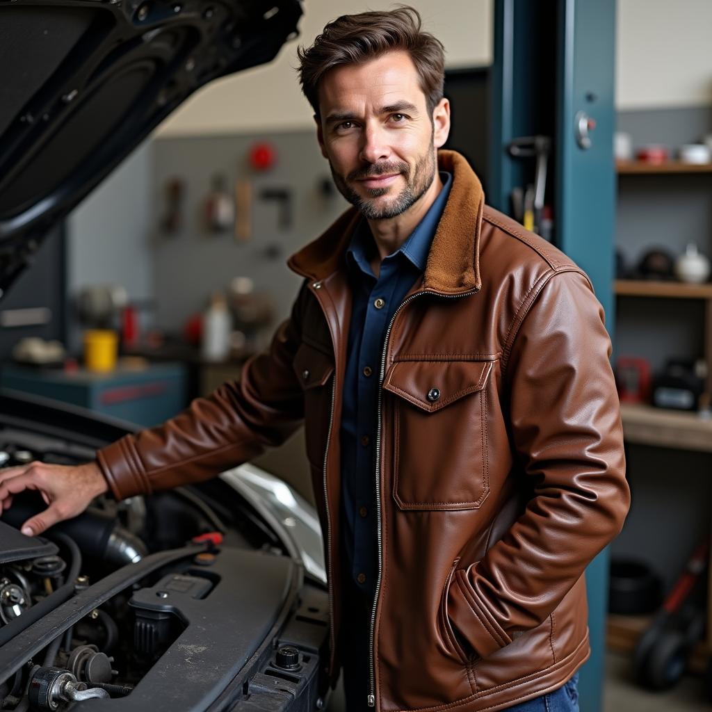 Lederjacke Polo in der Autowerkstatt