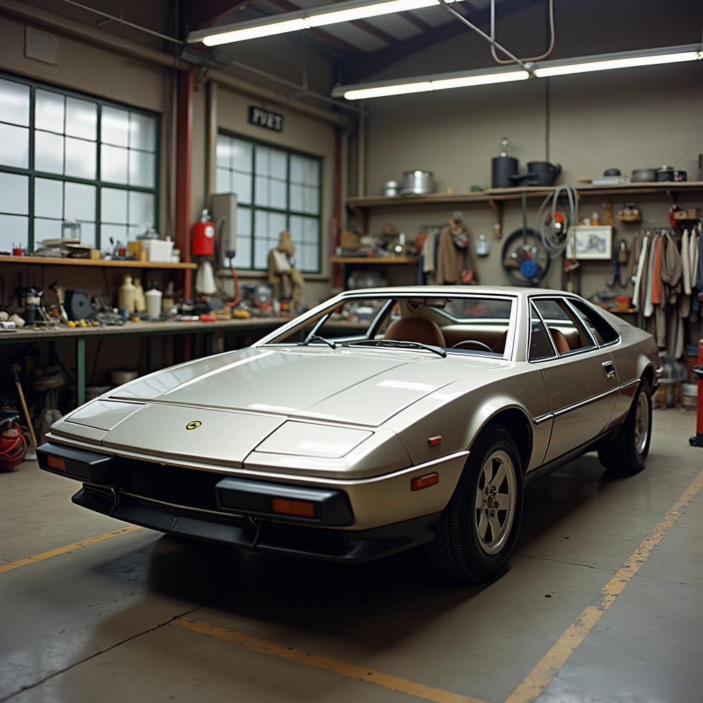 Restaurierung eines Lotus Esprit in einer Werkstatt.