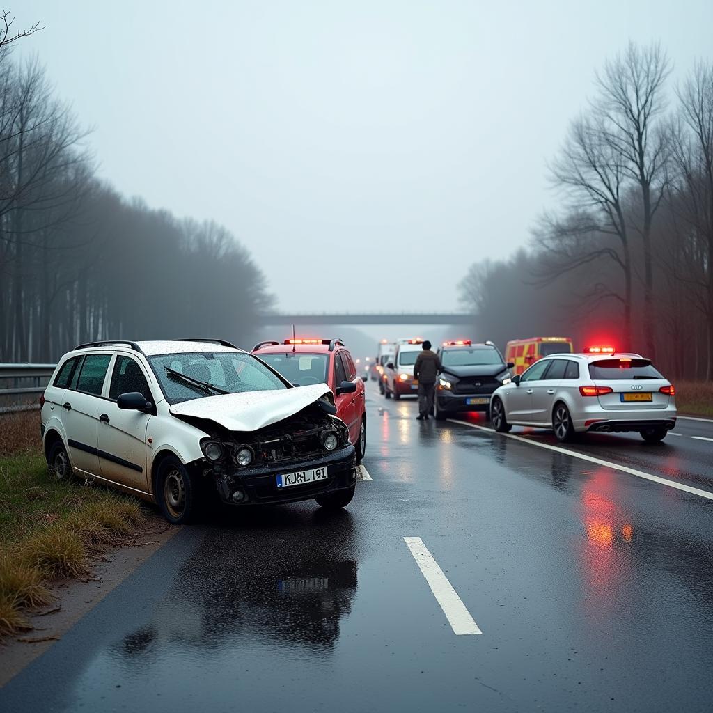 Massenkarambolage auf der A5: Ein Bild des Unfallorts mit mehreren beschädigten Fahrzeugen.