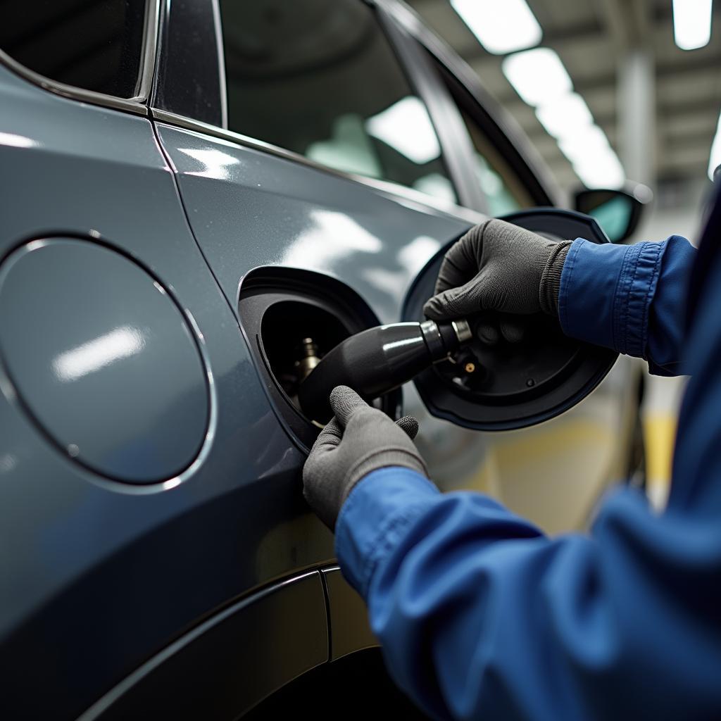 A mechanic repairing a Mazda CX-5 fuel door in a workshop.