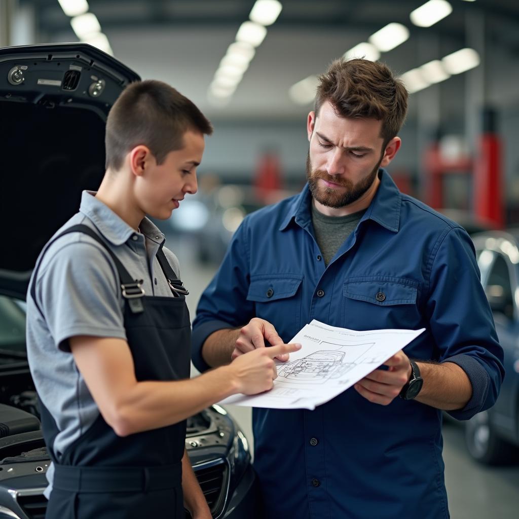 Mechaniker berät Kunden in der Werkstatt