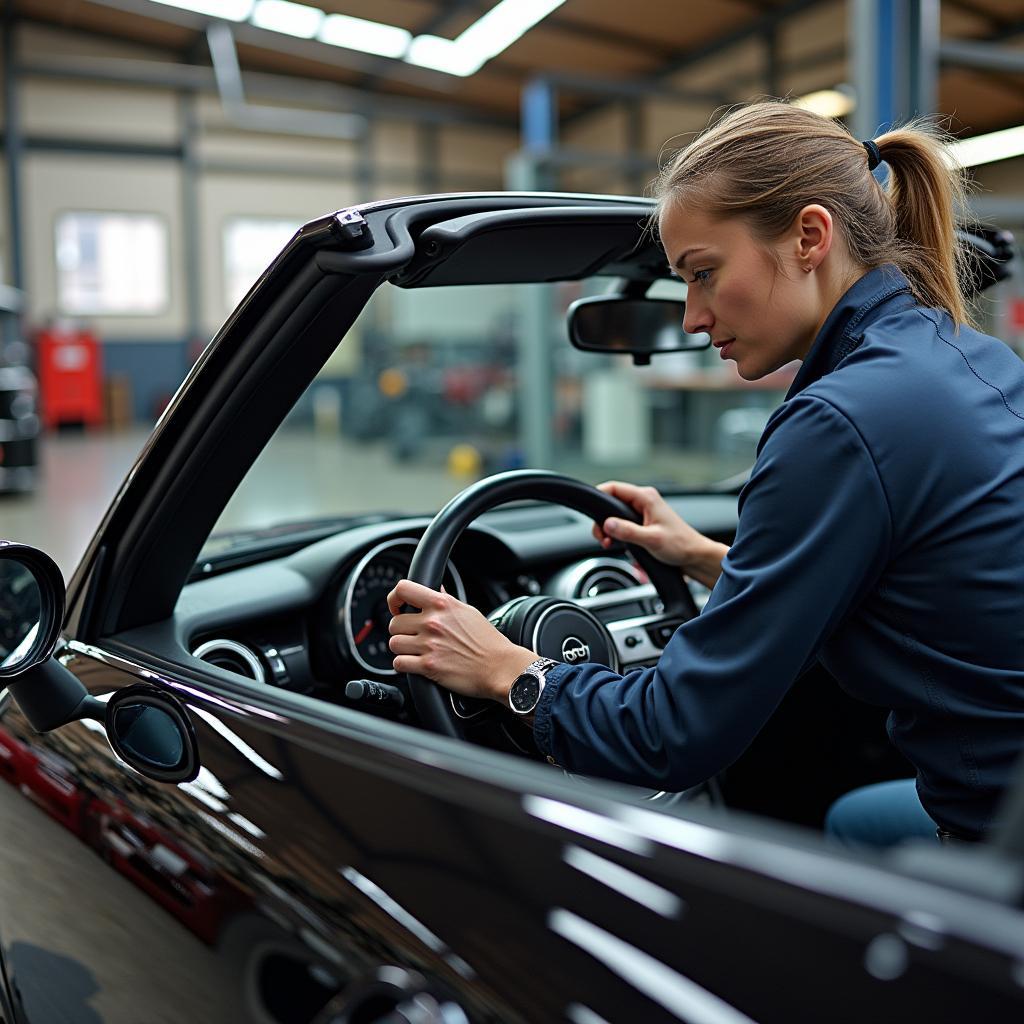 Reparatur eines Mini Cabrio Hardtops in einer Werkstatt