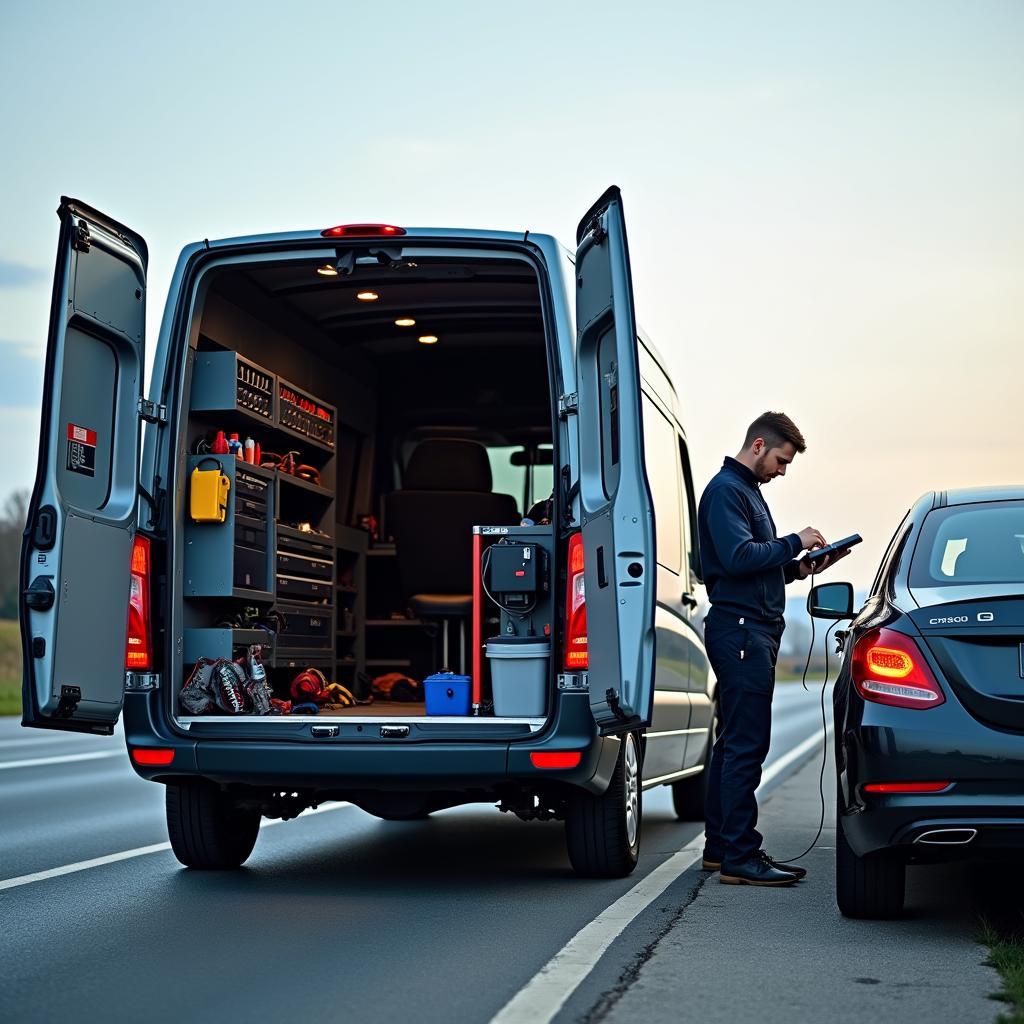 Mobile Autoreparatur Bochum nach München: Ein gut ausgestatteter Werkstattwagen mit Diagnosegeräten.