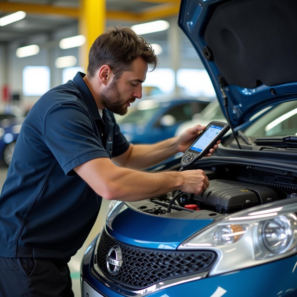 Professionelle Inspektion des Nissan Note Automatik Gebraucht in der Werkstatt