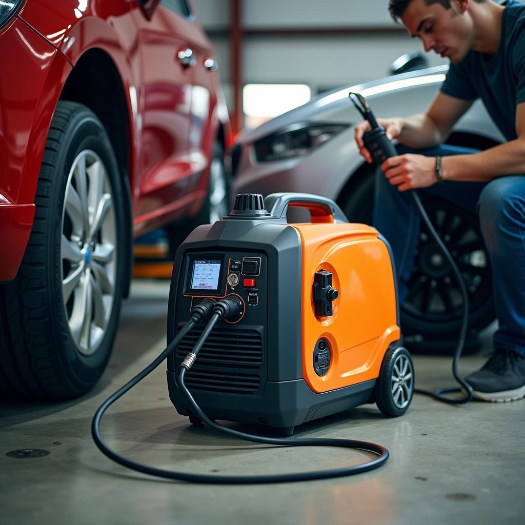 Notstromaggregat in einer Autowerkstatt in Heidelberg während eines Stromausfalls