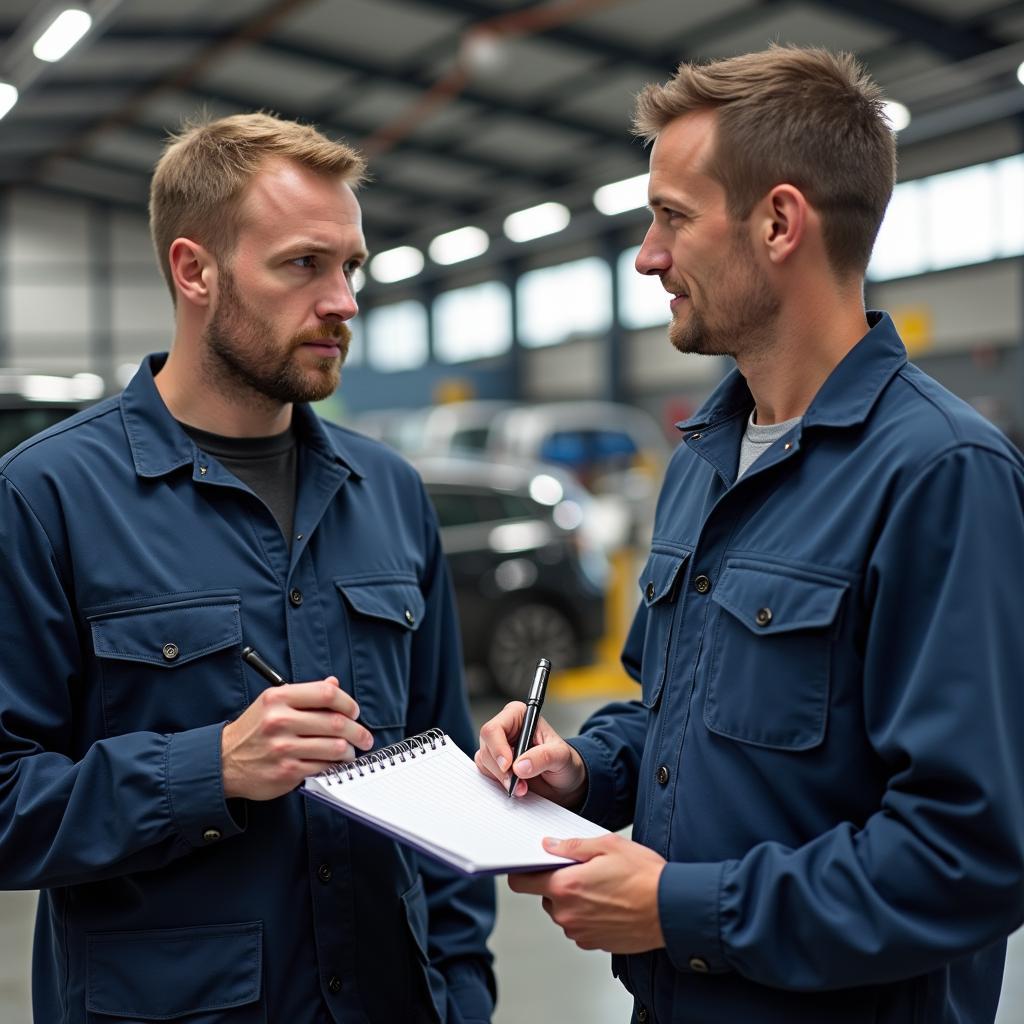 Mechaniker kommuniziert mit Kunden über Autoreparatur