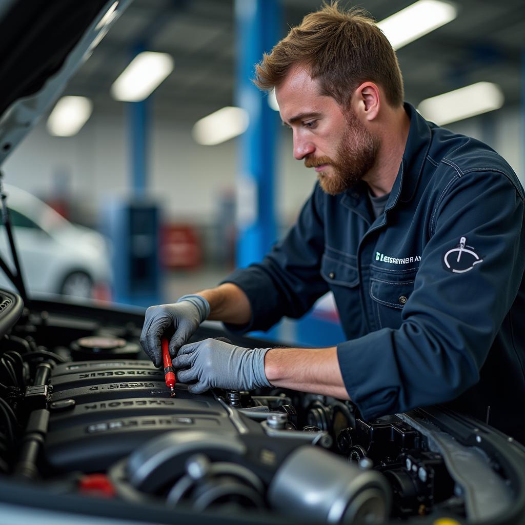 Mechaniker repariert einen Opel in Essen