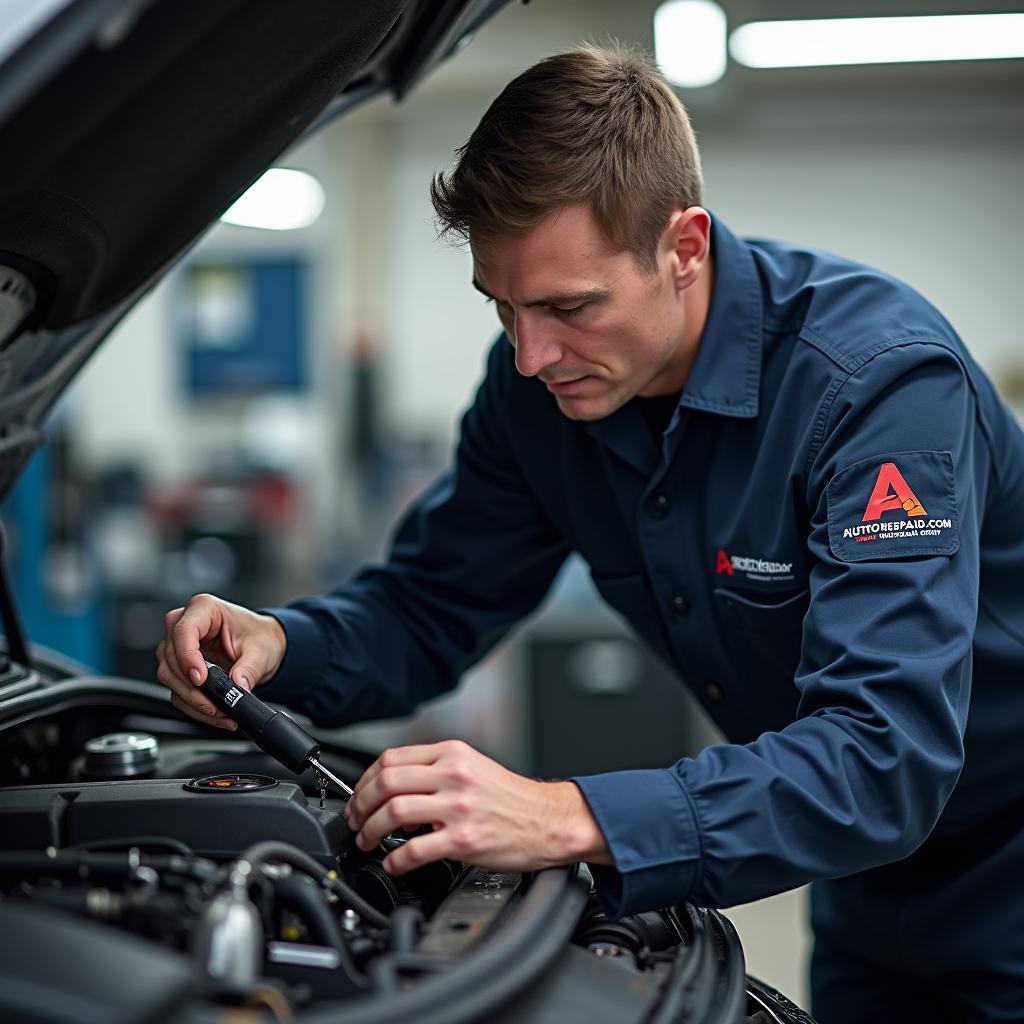 autorepairaid.com এ পেশাদার গাড়ির মেরামত - একজন মেকানিক একটি গাড়ির ইঞ্জিনে কাজ করছেন