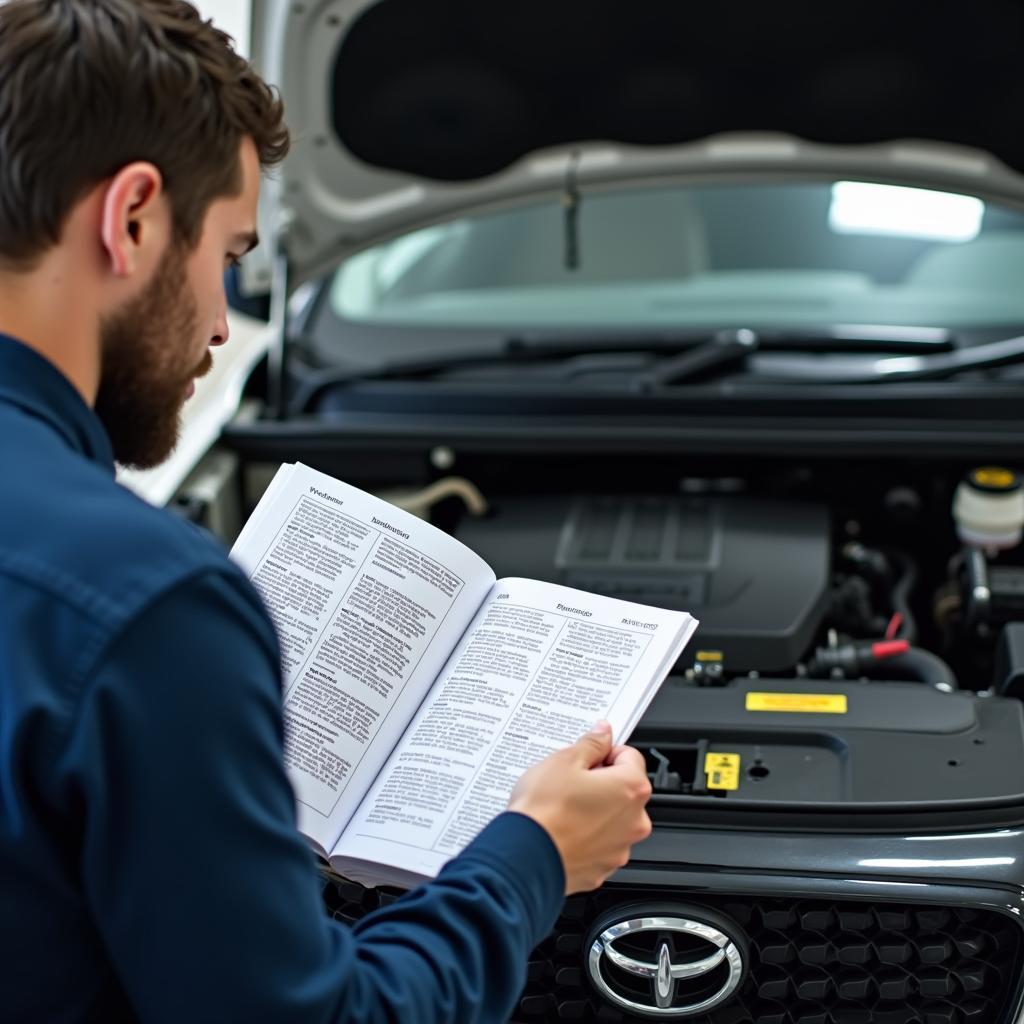 Ein Mechaniker konsultiert die Reparaturanleitung für ein Fahrzeug.