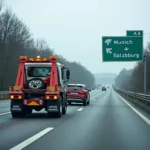 Pannenhilfe auf der A8 München Salzburg: Ein Abschleppwagen sichert ein Fahrzeug.