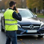 Mercedes Benz Fahrer mit Warnweste bei Pannenhilfe