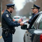 Polizei kontrolliert Fahrzeugpapiere bei einer Verkehrskontrolle